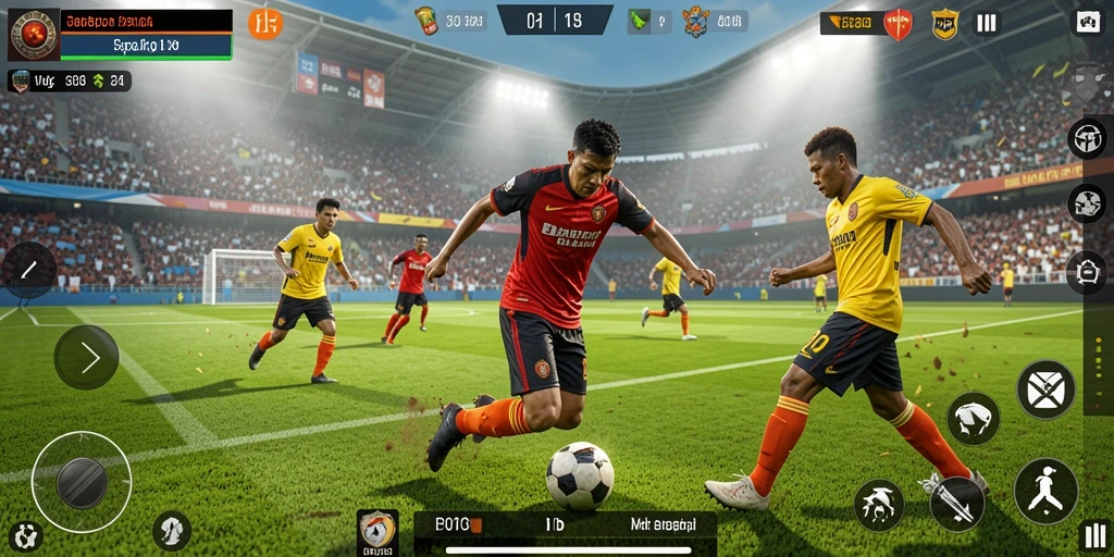 Tangkapan layar F08 menampilkan aksi seru di lapangan sepak bola.