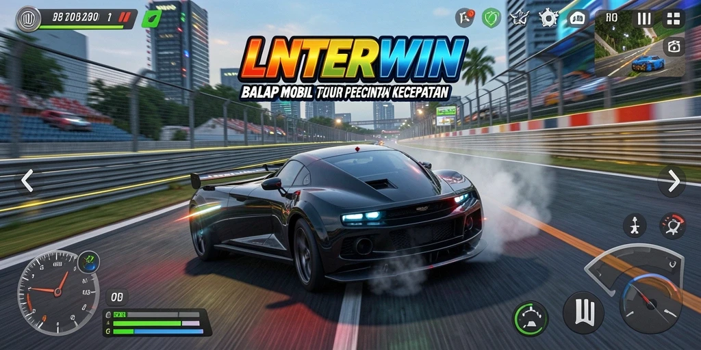 Screenshot gameplay LNTERWIN menunjukkan mobil balap di lintasan yang menegangkan.