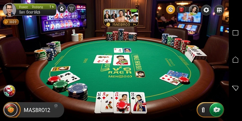 Tangkapan layar utama MASBRO12 menampilkan gameplay poker yang seru.