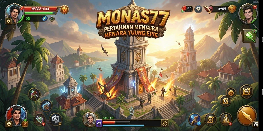 Screenshot gameplay menunjukkan serangan menara yang dramatis di MONAS77.
