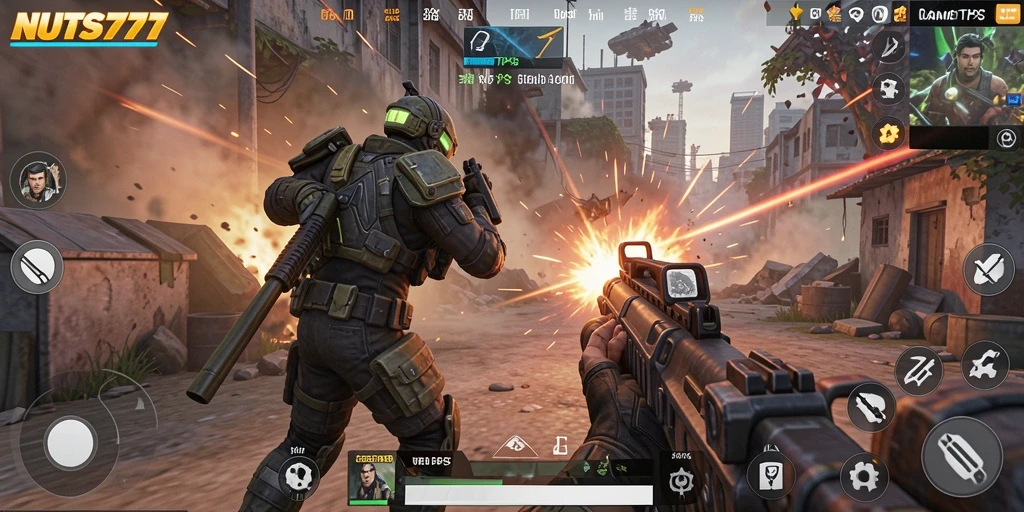 Screenshot gameplay NUTS777 menunjukkan aksi pertempuran yang intens.