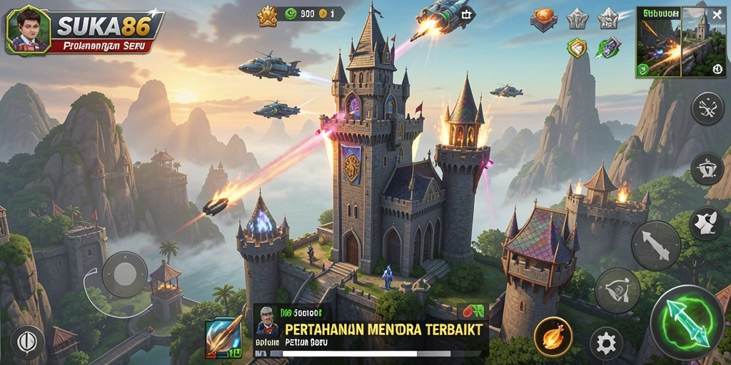 Tampilan gameplay menakjubkan di SUKA86 dengan menara dan musuh yang bervariasi.